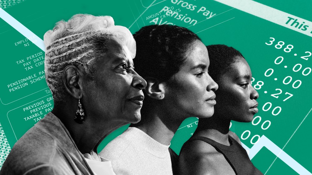 Image: Three Black women with a background of paystubs and paychecks and a downward facing line graph.