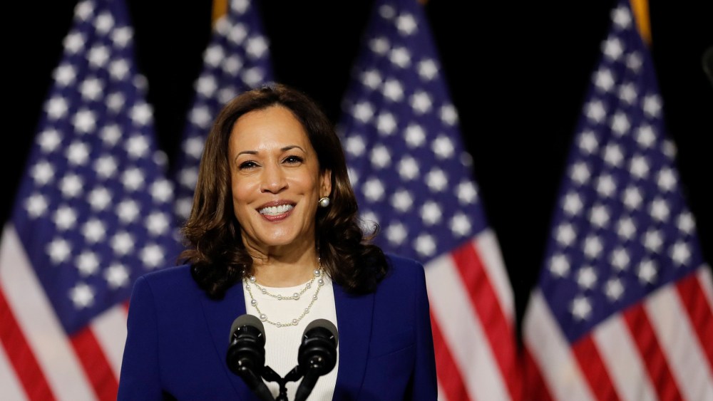 Image: Democratic vice presidential candidate Senator Kamala Harris speaks at a campaign event in Wilmington, Delaware