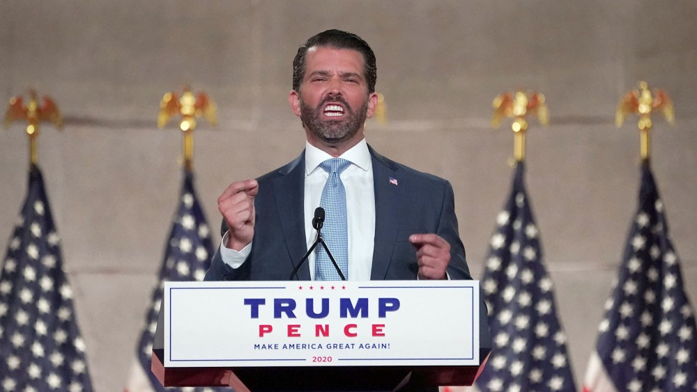 Image: Donald Trump Jr. delivers a pre-recorded speech to the largely virtual 2020 Republican National Convention