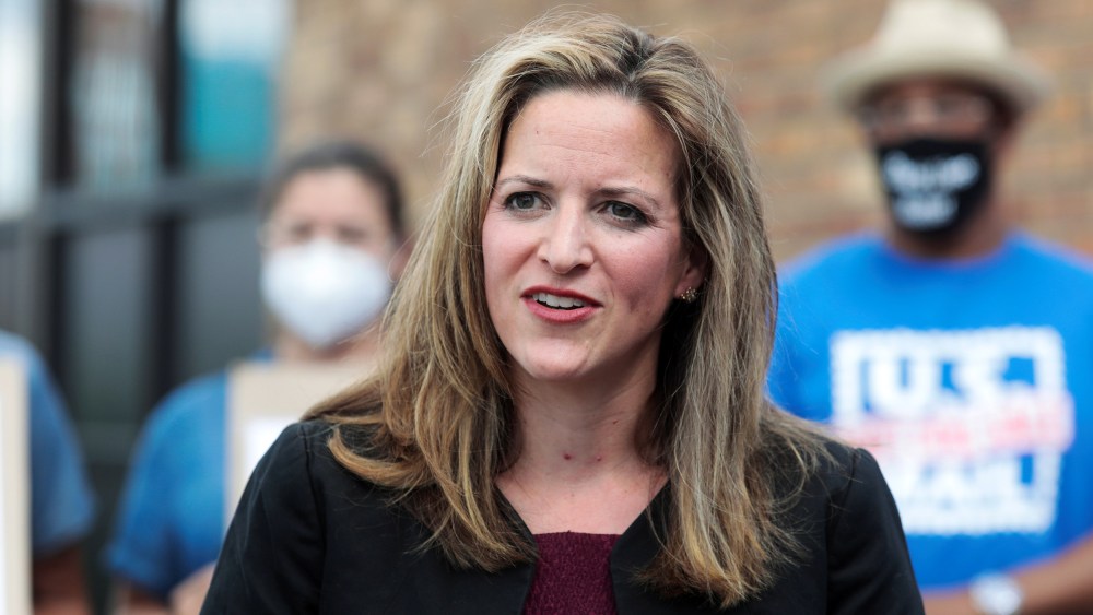 Image: Michigan Secretary of State Jocelyn Benson speaks in support of the United States Postal Service (USPS) outside of a post office in Detroit