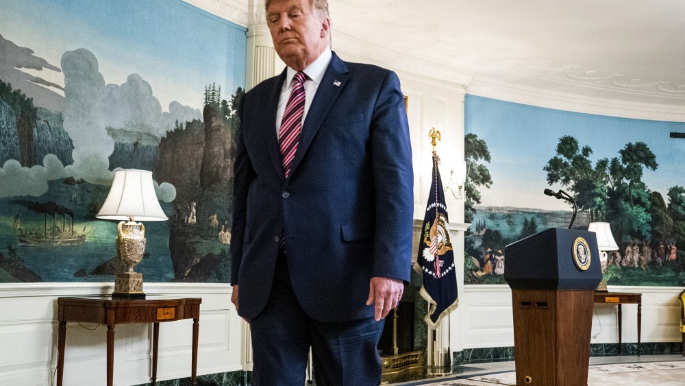 Image: President Donald Trump departs after speaking about his list of potential Supreme Court nominees in the Diplomatic Reception Room of the White House