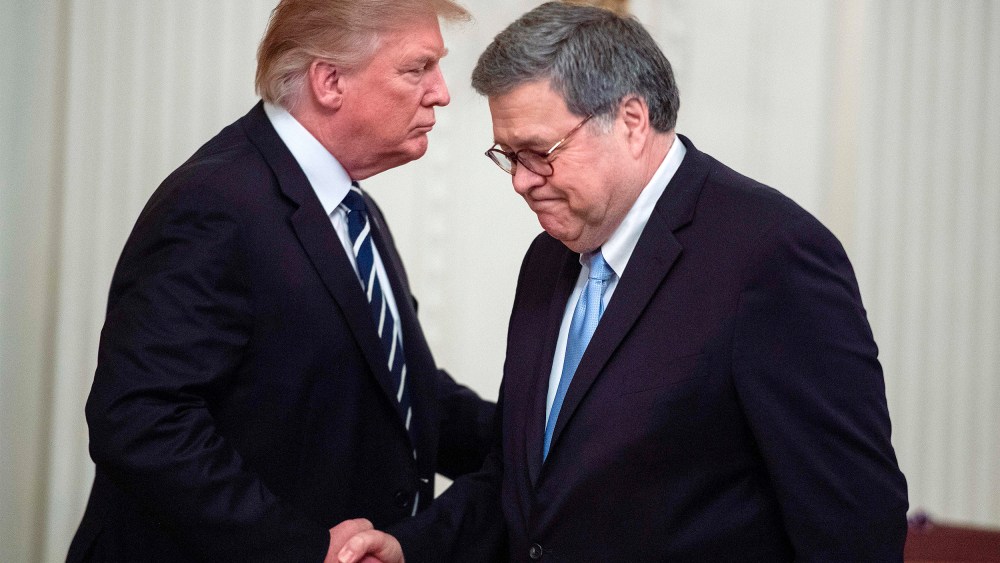 Image: Donald Trump, William Barr, handshake