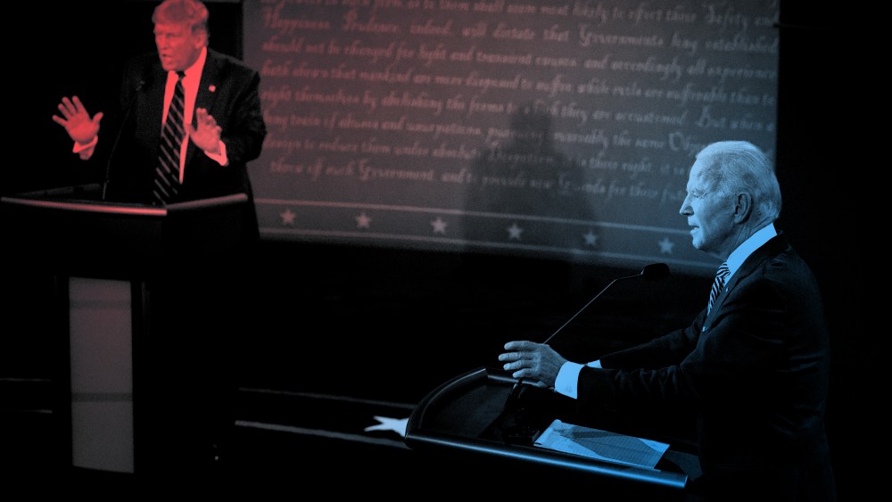 Image: President Donald Trump and Joe Biden speak during the first presidential debate in Cleveland on Sept. 29, 2020.