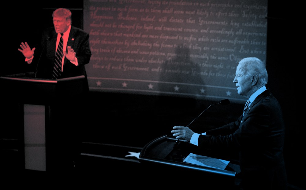 Image: President Donald Trump and Joe Biden speak during the first presidential debate in Cleveland on Sept. 29, 2020.