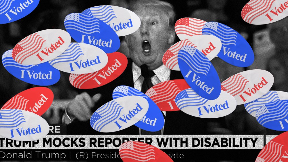 Image: A screengrab of a news broadcast with Trump is covered with red and blue "I Voted" stickers.The headline reads: Trump mocks reporter with disabilty.
