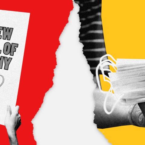 Image: A protester holds a sign that reads "The new symbol of tyranny, muzzle" with a photo of a mask on a red paper background; A gloved hand hands a stack of face masks to another gloved hand on a yellow background.