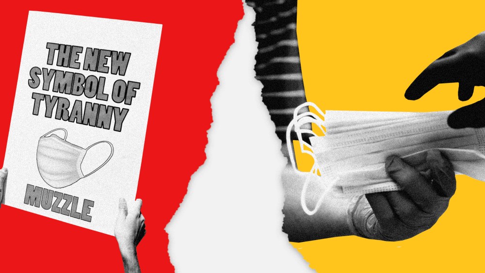 Image: A protester holds a sign that reads "The new symbol of tyranny, muzzle" with a photo of a mask on a red paper background; A gloved hand hands a stack of face masks to another gloved hand on a yellow background.