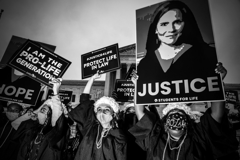 Image: Supporters of Judge Amy Coney Barrett gather outside of the Supreme Court as Senate confirmation hearings on her nomination began on Oct. 12, 2020.