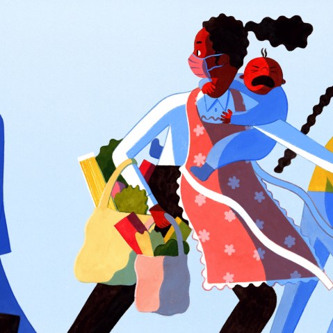 Image: A woman carrying her crying child and groceries looks back at a man heading to work with a briefcase.