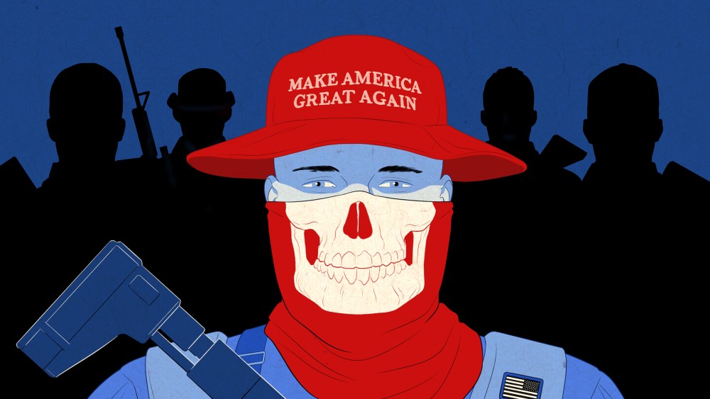 Image: A milita fighter wearing a "Make America Great Again" red bucket hat and red skull gaiter holds a gun while backed by shadow militia figures.