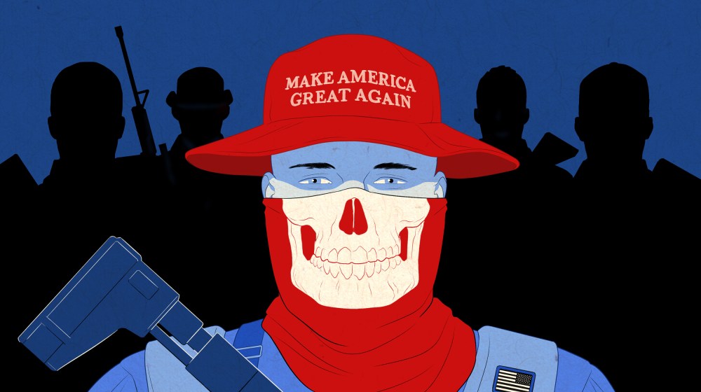 Image: A milita fighter wearing a "Make America Great Again" red bucket hat and red skull gaiter holds a gun while backed by shadow militia figures.