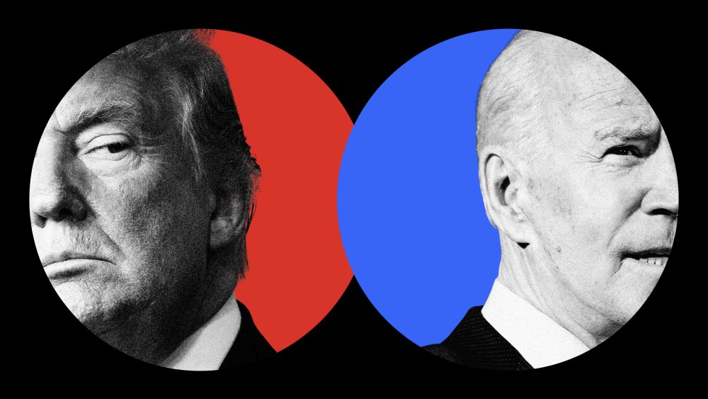Image: close up of Donald Trump and Joe Biden in red and blue circles, respectively.