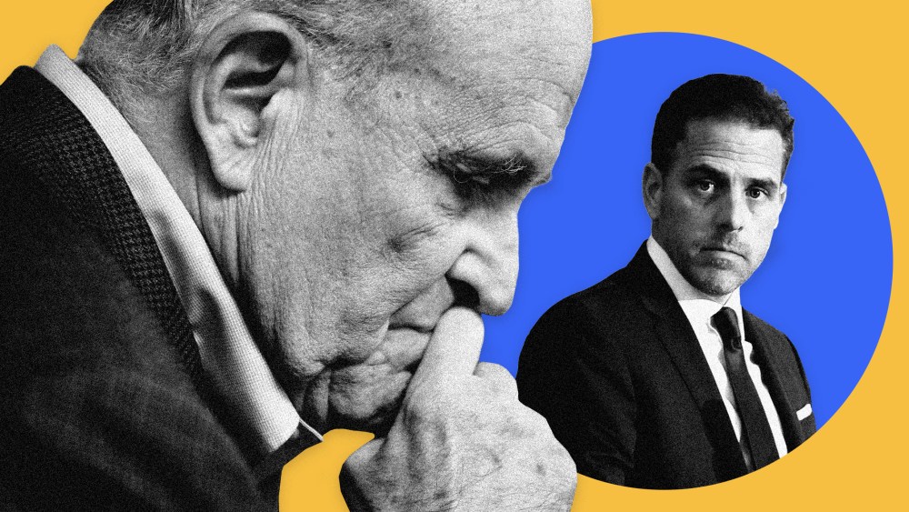 Image: Rudy Giuliani thinking on a yellow background next to Hunter Biden in a blue circle.