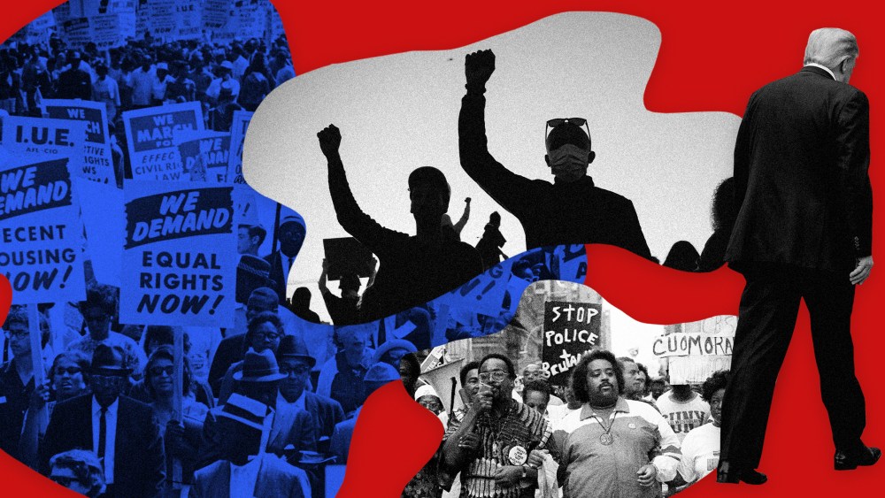 Image: Scenes from the Civil Rights movement, the Black Lives Matter movement and Donald Trump walking away.