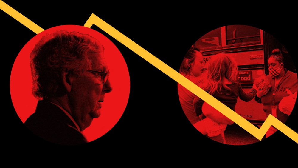 Image: Mitch McConnell in a red circle next to a food distributor in a mask; a yellow line graph goes down.