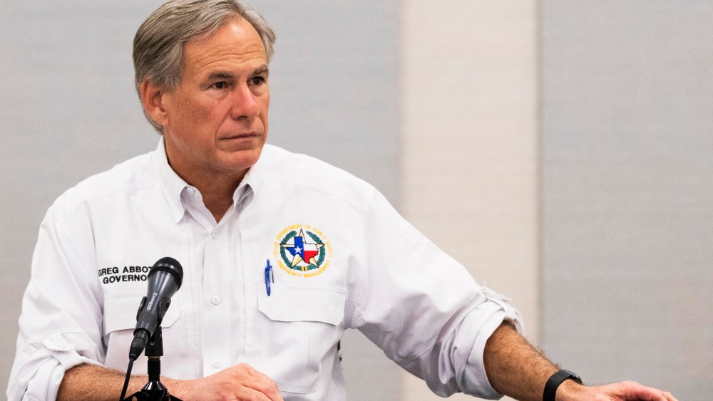 Image: Texas Gov. Greg Abbott visits Lake Jackson on Sept. 29, 2020.