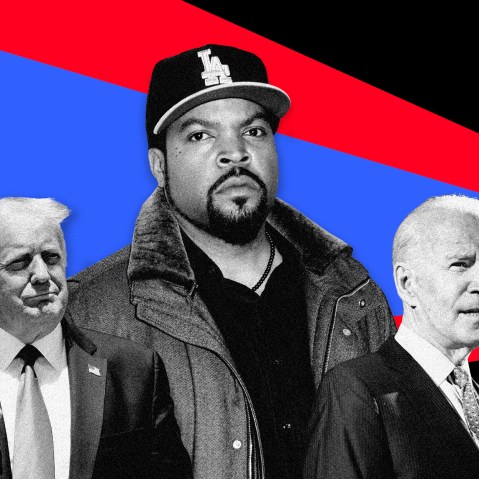 Image; Donald Trump, Ice Cube and Joe Biden on a background of red and blue triangles.