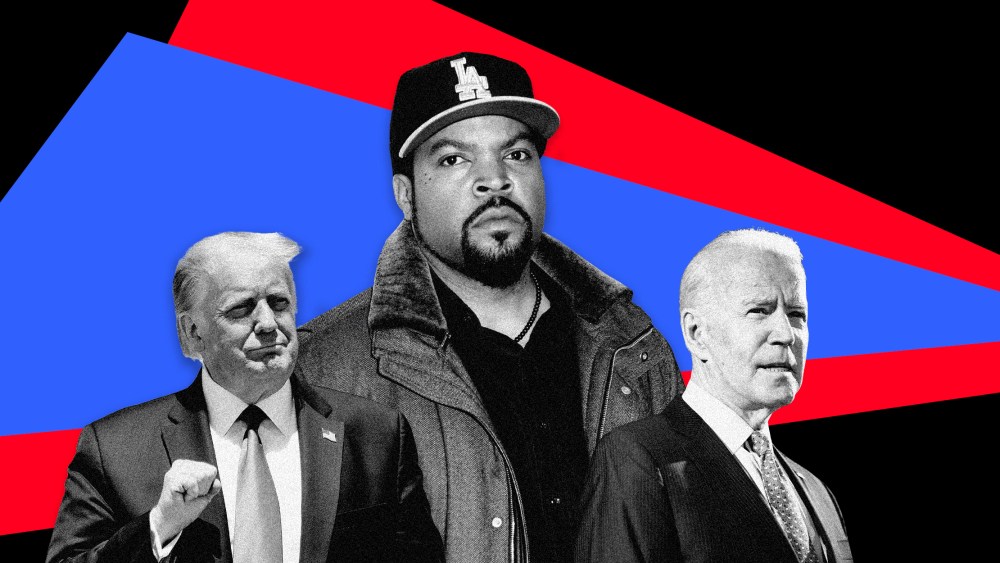 Image; Donald Trump, Ice Cube and Joe Biden on a background of red and blue triangles.