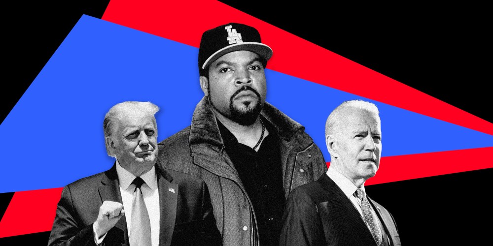 Image; Donald Trump, Ice Cube and Joe Biden on a background of red and blue triangles.