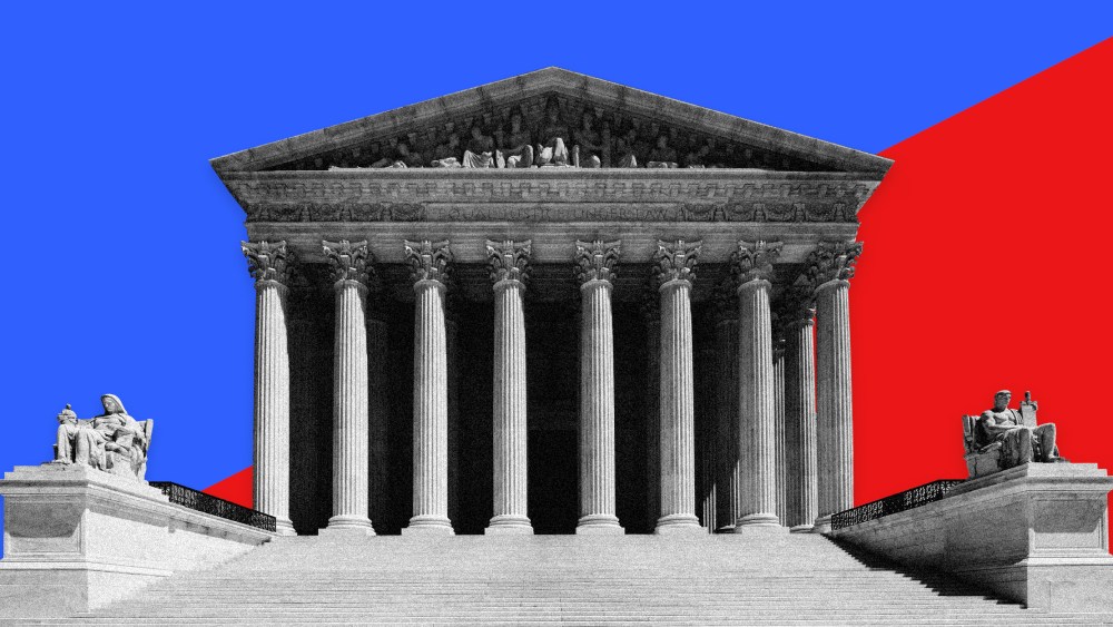 Image: The Supreme Court on a half blue, half red background.