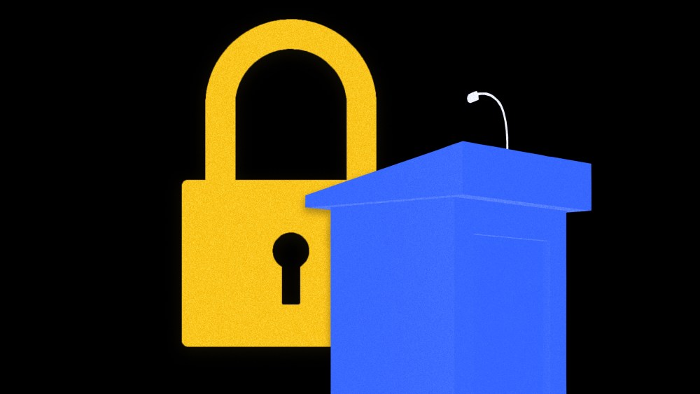 Image: A yellow lock next to a blue debate podium.
