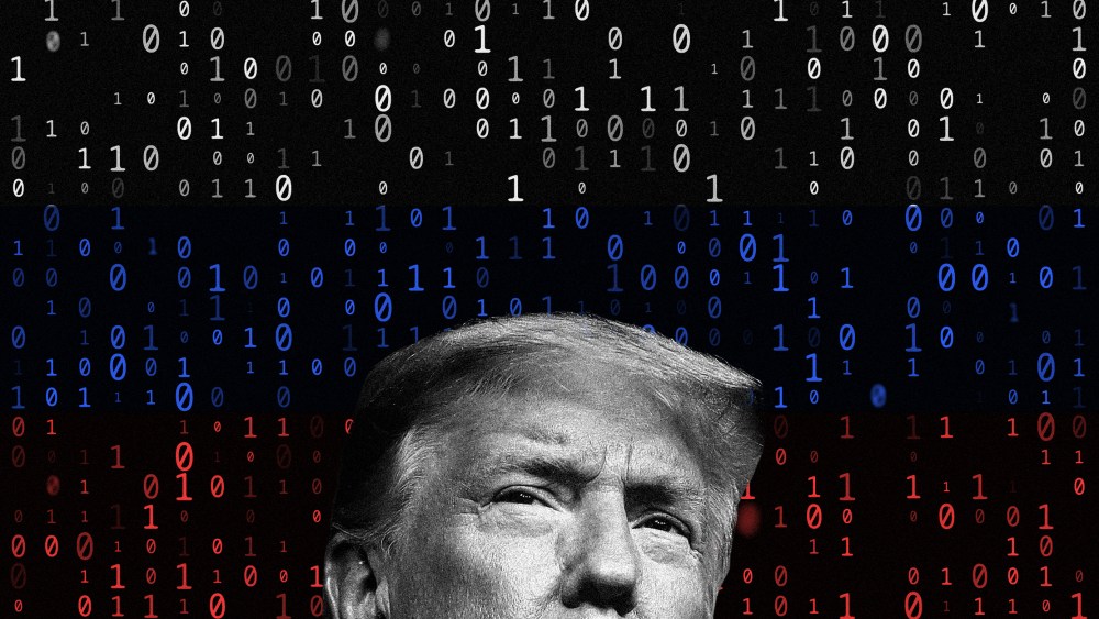 Image: Numbers data on a Russian flag with Donald Trump peeking up from the bottom of the frame.