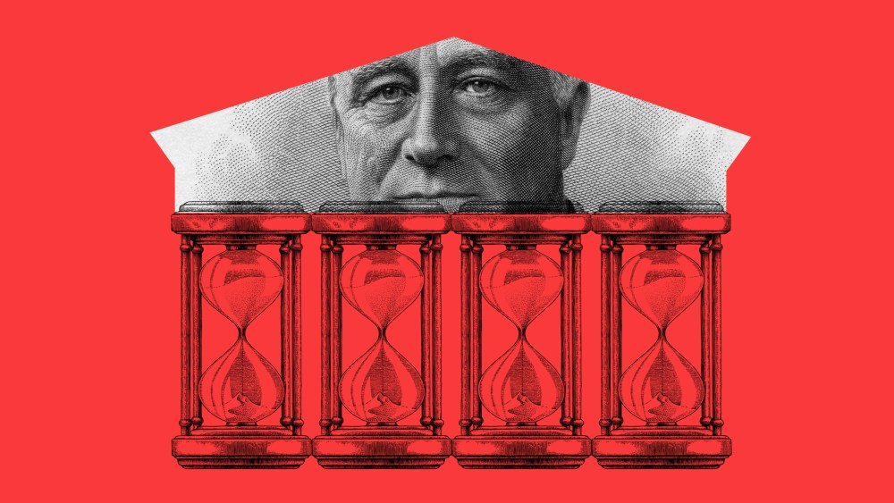 Image: Four hourglasses form the columns of the Supreme Court as Franklin D. Roosevelt's engraving looks through the triangular upper part of the building.