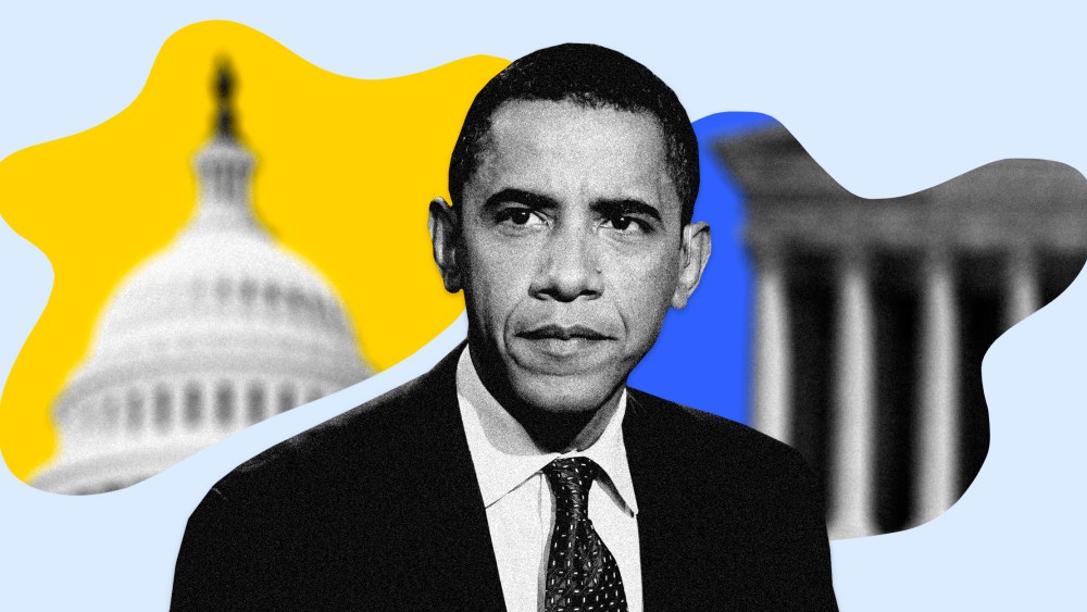 Image: Barack Obama next to a blurry Capitol and blurry Supreme Court on a blue background.