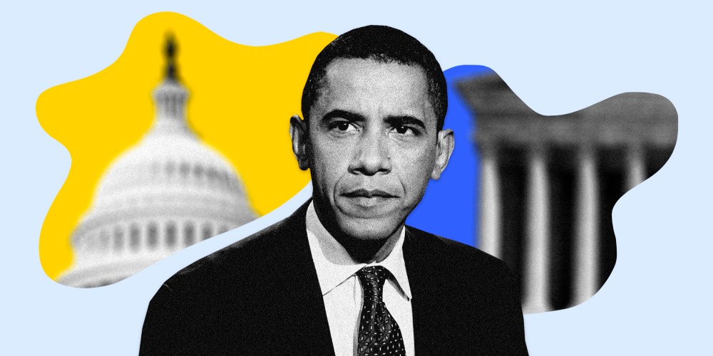 Image: Barack Obama next to a blurry Capitol and blurry Supreme Court on a blue background.