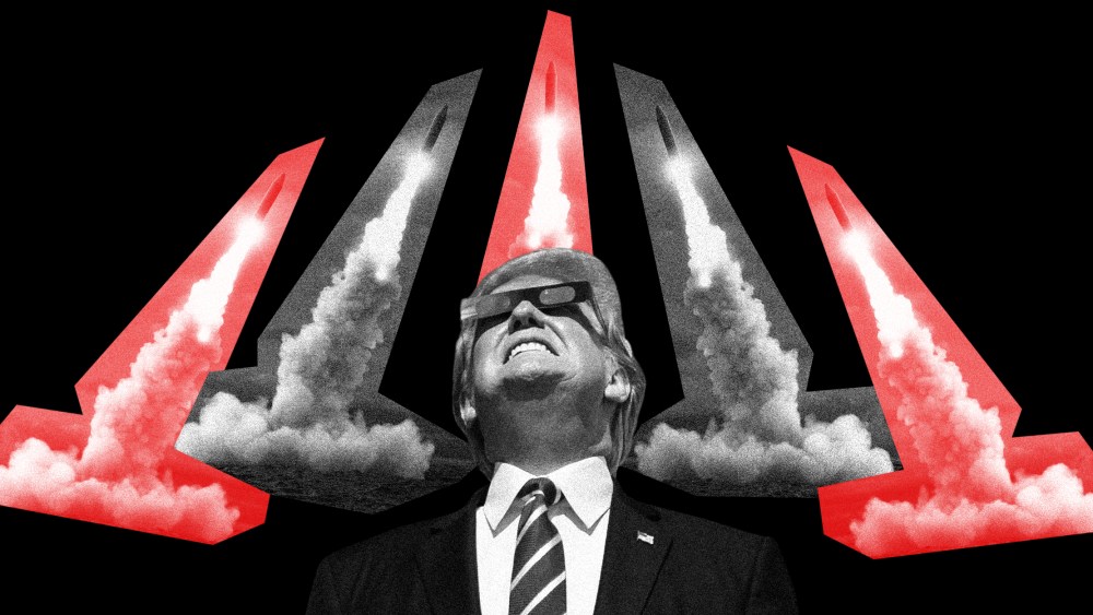Trump looks up with protective glasses as nuclear missiles go up in the background.