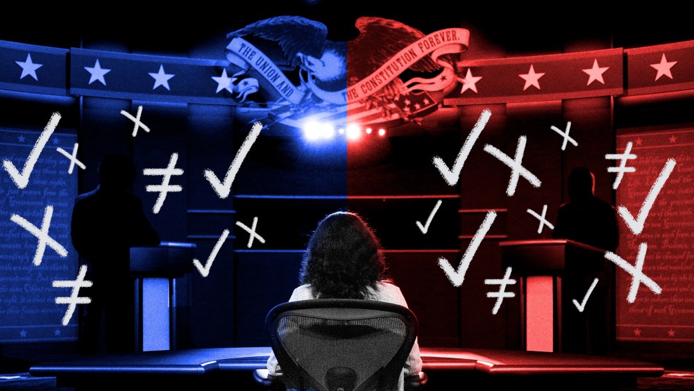 Image: Moderator watches over the debate stage which is divided into red and blue colored overlays. Scribbled check marks and crosses surround the silhouettes of the two debaters on stage.