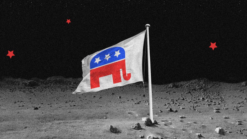 Image: A flag with the GOP elephant, three white stars on the blue hump, rest of the body in red, on the surface of the moon with three red stars in the sky