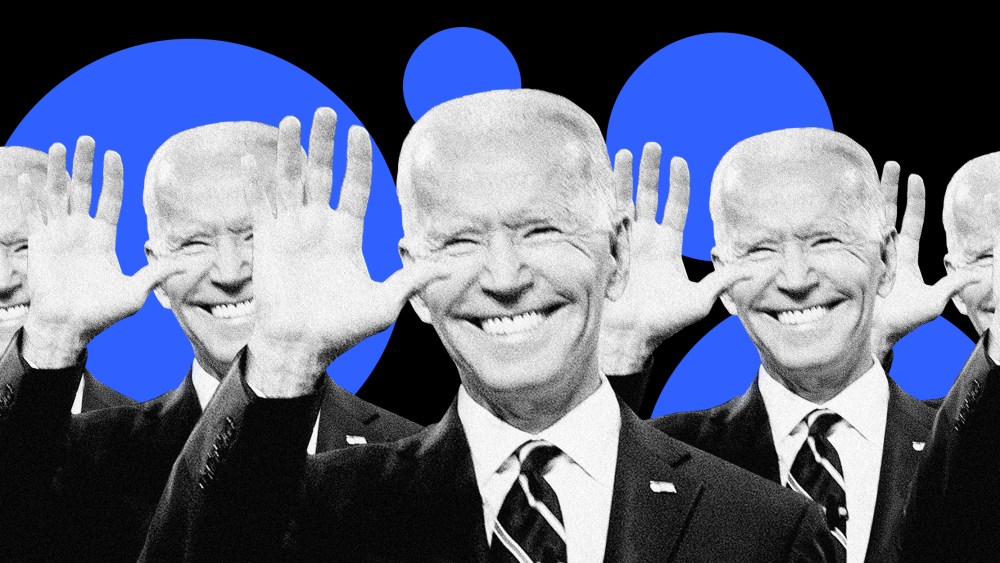 Image: A lot of smiling Joe Biden's wave on a background of blue circles.