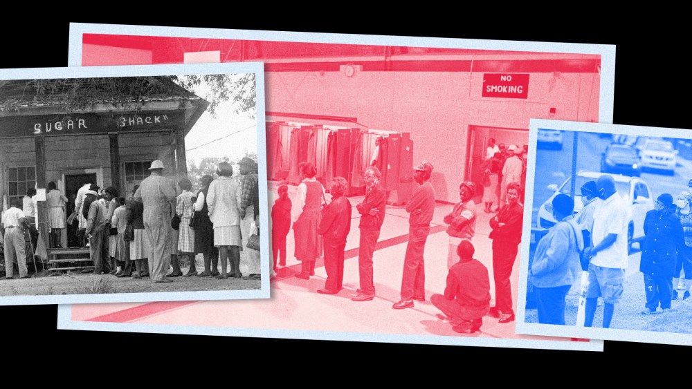 Image: Three photographs of voters lining up placed over each other form one long line.