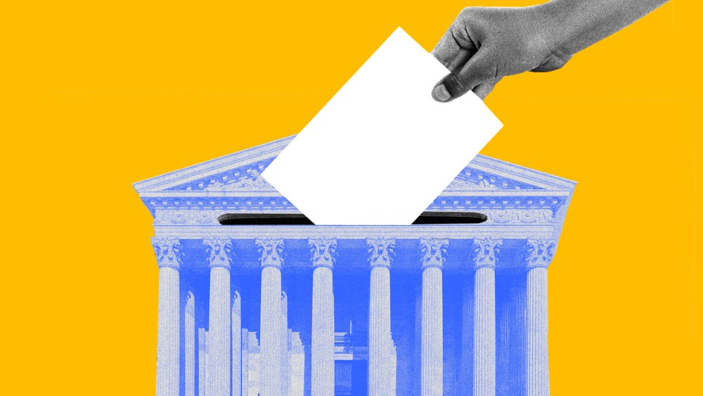 Image: A hand drops a ballot into a Supreme Court shaped box