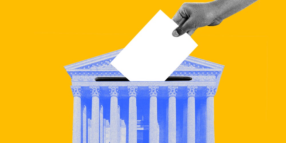 Image: A hand drops a ballot into a Supreme Court shaped box