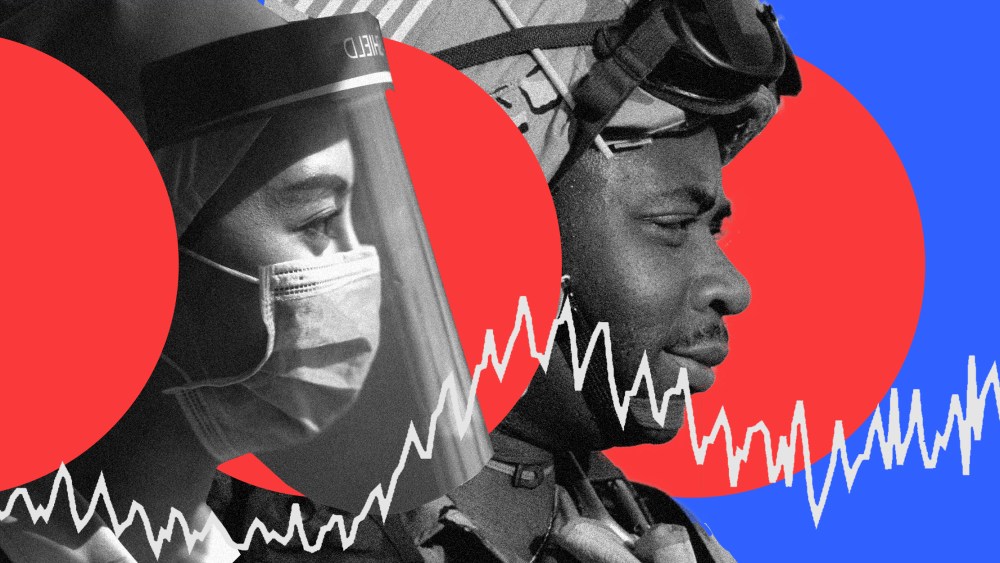 Image: Profiles of a healthcare worker with a face shield and a soldier