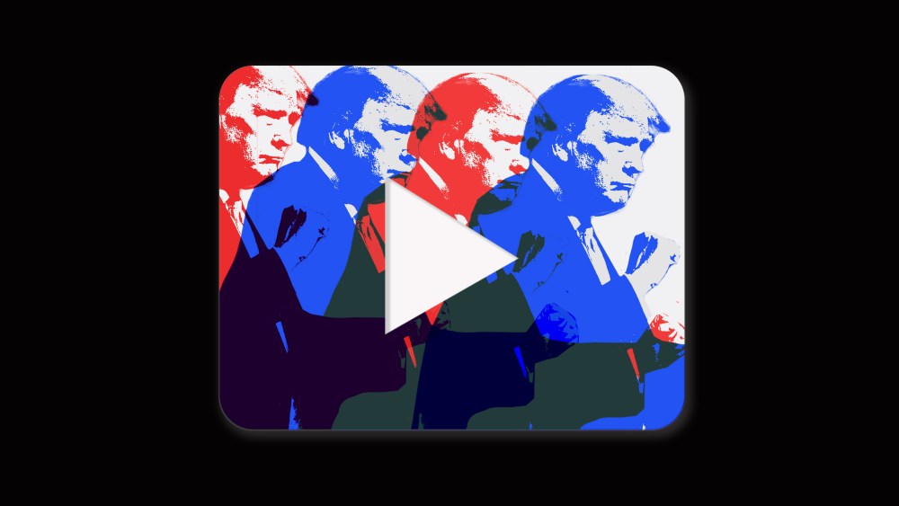Image: A play button with overlapping red and blue silhouettes of Trump dancing