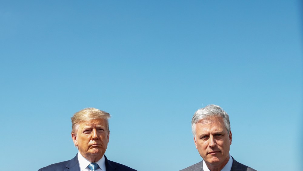 U.S. President Trump talks to news media with new national security adviser O'Brien in Los Angeles