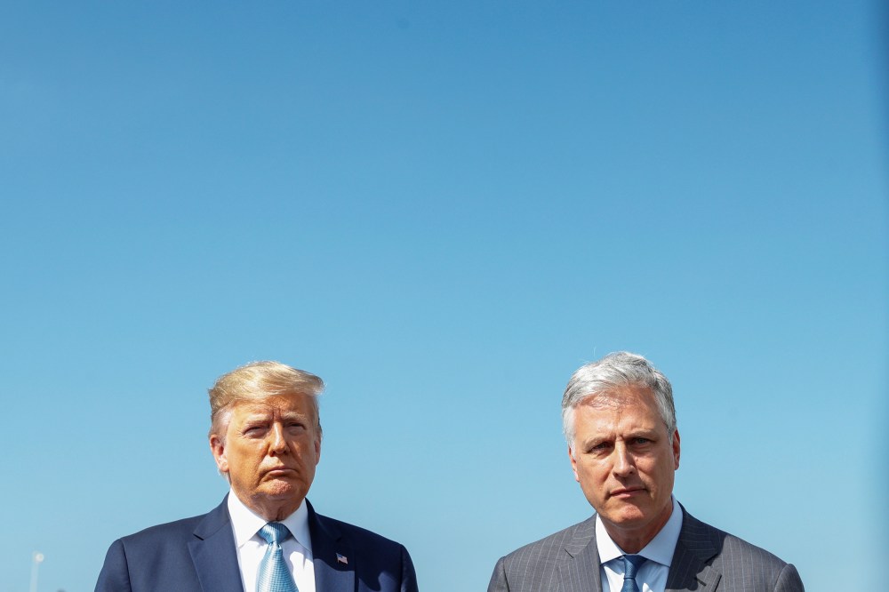 U.S. President Trump talks to news media with new national security adviser O'Brien in Los Angeles