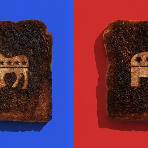 Image: Two burnt toast with the GOP and Democrat part symbol carved into each against blue and red bacckgrounds.