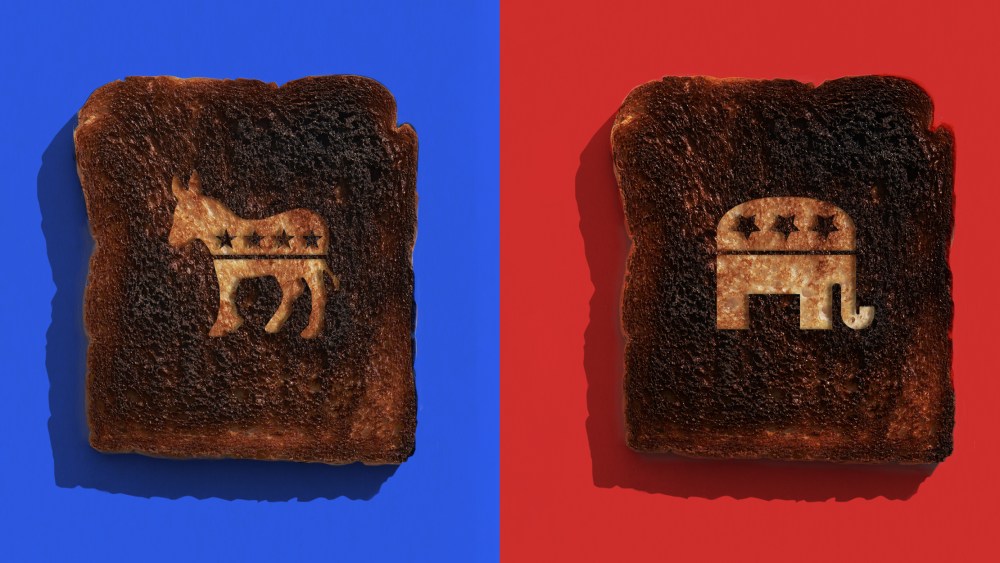 Image: Two burnt toast with the GOP and Democrat part symbol carved into each against blue and red bacckgrounds.