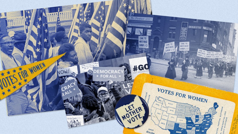 Image: Juxtaposed images of people marching with flags and protest posters. Badges and cards read: Let Mother vote, Votes for Women.