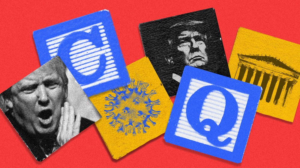 Image: Alphabet blocks with letters C, Q along with blocks with etchings of Trump shouting, Coronavirus and the supreme court