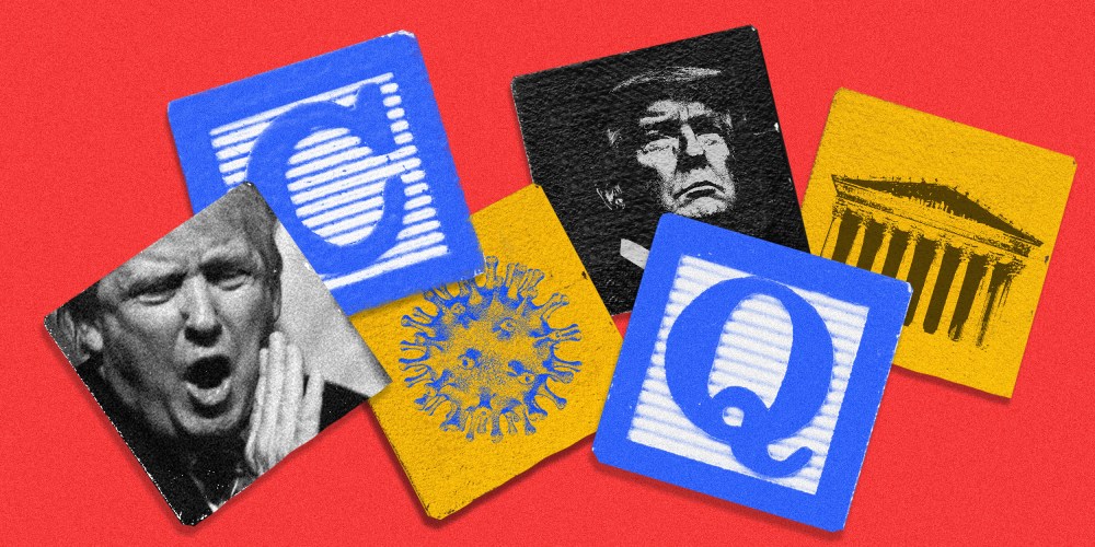 Image: Alphabet blocks with letters C, Q along with blocks with etchings of Trump shouting, Coronavirus and the supreme court
