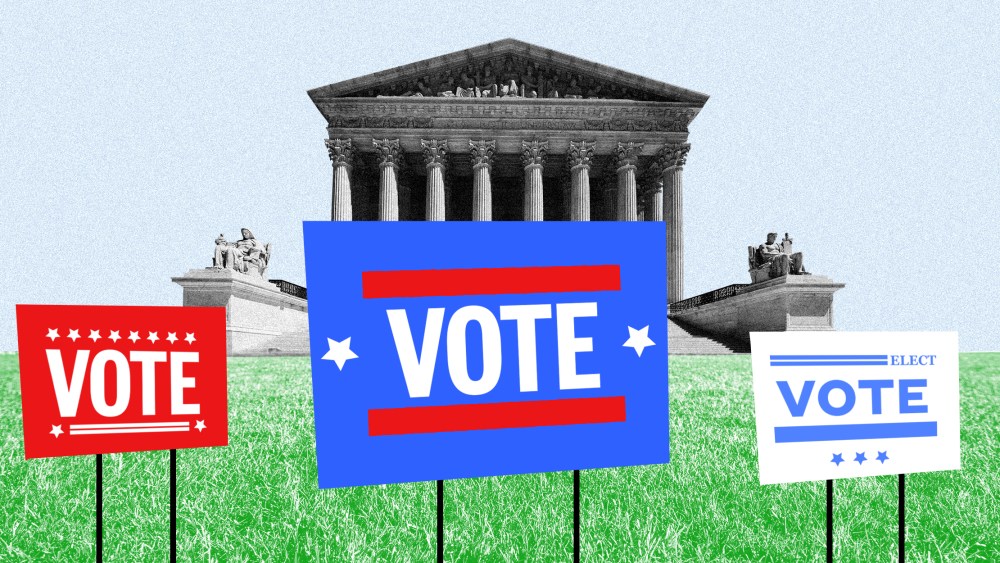 Image: Three lawn signs that read 'VOTE' with the Supreme Court in the background