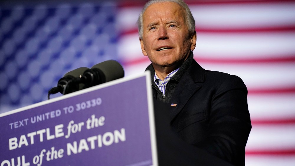 Image: Democratic presidential candidate former Vice President Joe Biden speaks during a drive-in rally at Heinz Field, Monday, Nov. 2, 2020, in Pittsburgh.