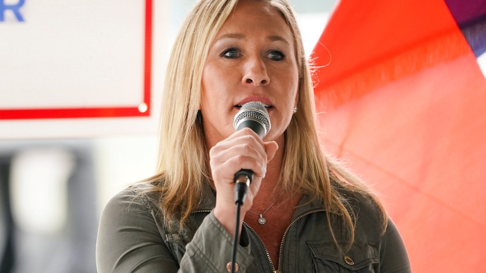 Image: FILE PHOTO: Marjorie Taylor Greene speaks a news conference in Dallas