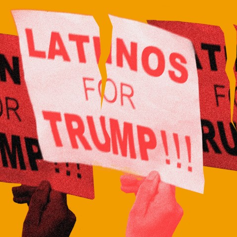 Image: Three hands with red overlays hold up torn signs that read 'Latinos for Trump'