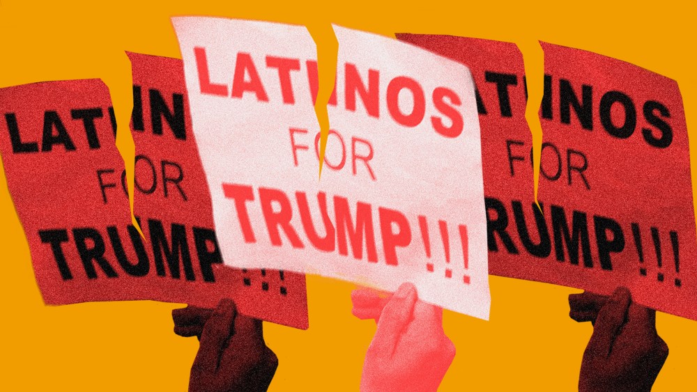 Image: Three hands with red overlays hold up torn signs that read 'Latinos for Trump'